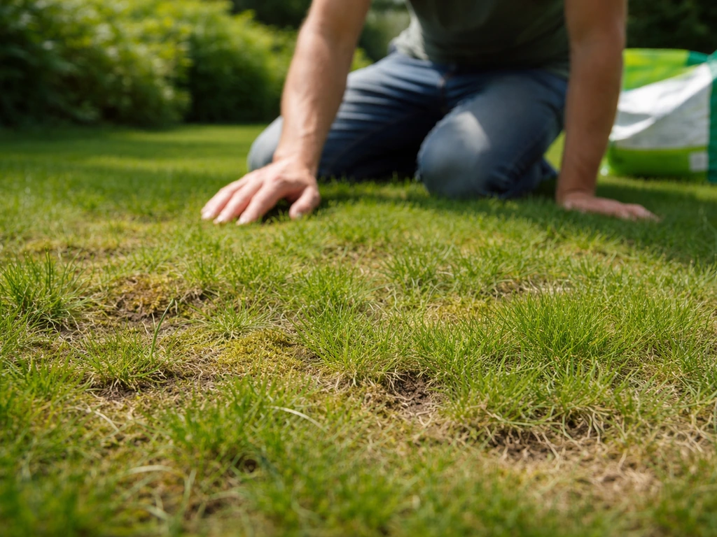 Gazon in close-up met ongelijk groeiende plekken en mos, terwijl een gazoneigenaar het gras beoordeelt.