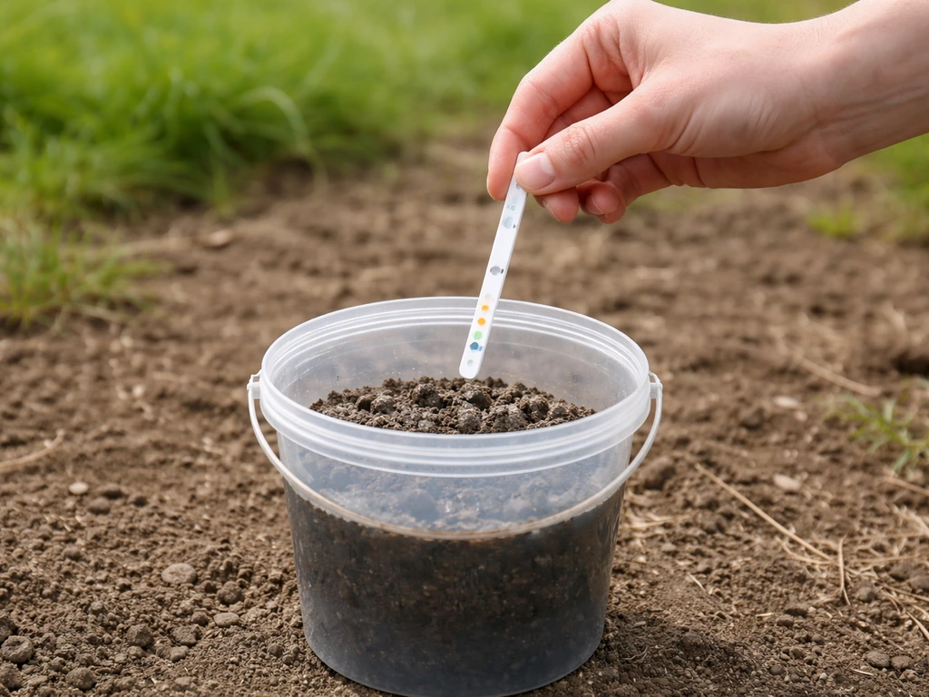 Hand met pH-teststokje boven kleine emmer met bodemmonster, buiten in het gras voor bodemonderzoek.
