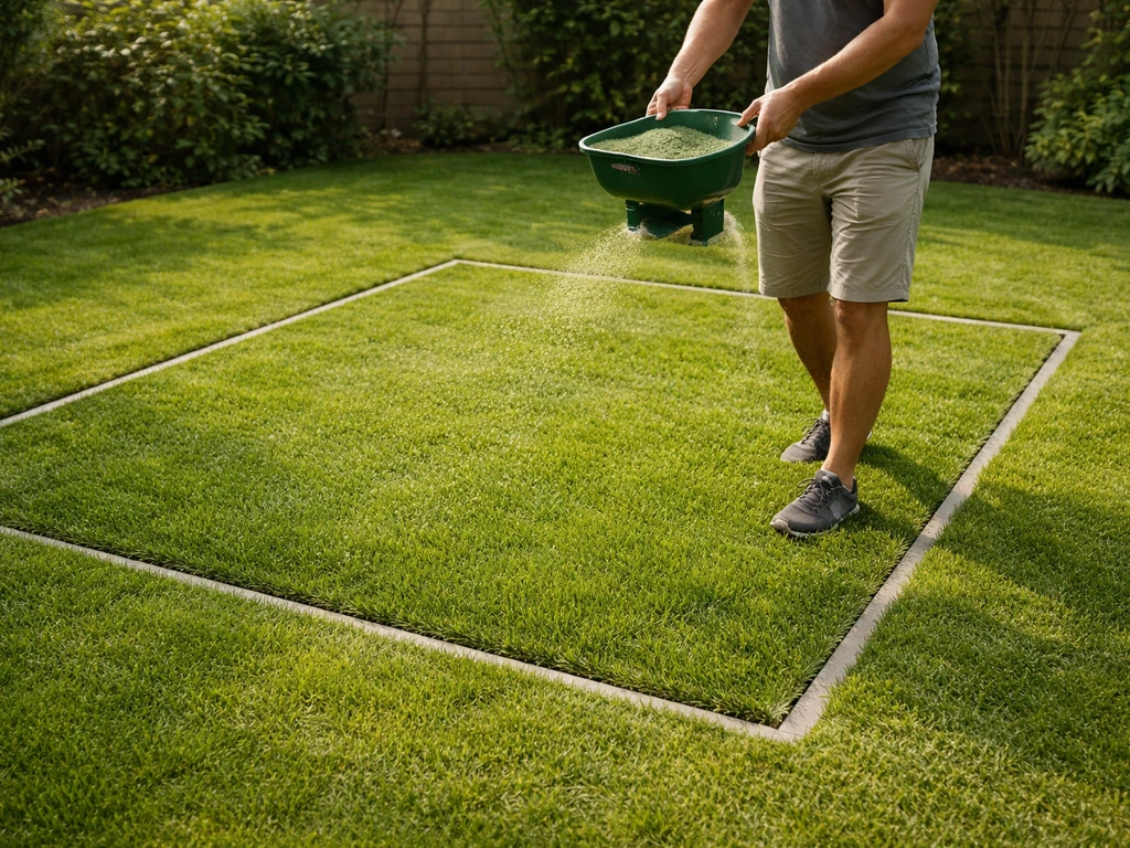 Anonieme handen strooien een gazon met een handstrooier op een afgebakend rechthoekig m²-gebied in de tuin.
