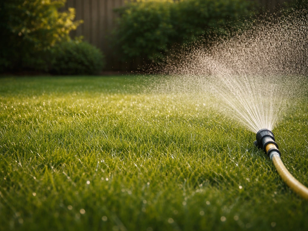 Tuinberegening met licht besproeiend water op een gazon dat net niet droog oogt