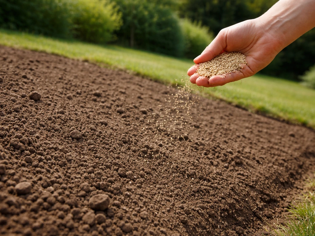 Hand strooit graszaad over een losgewerkt zaaibed op een licht hellend tuinperceel