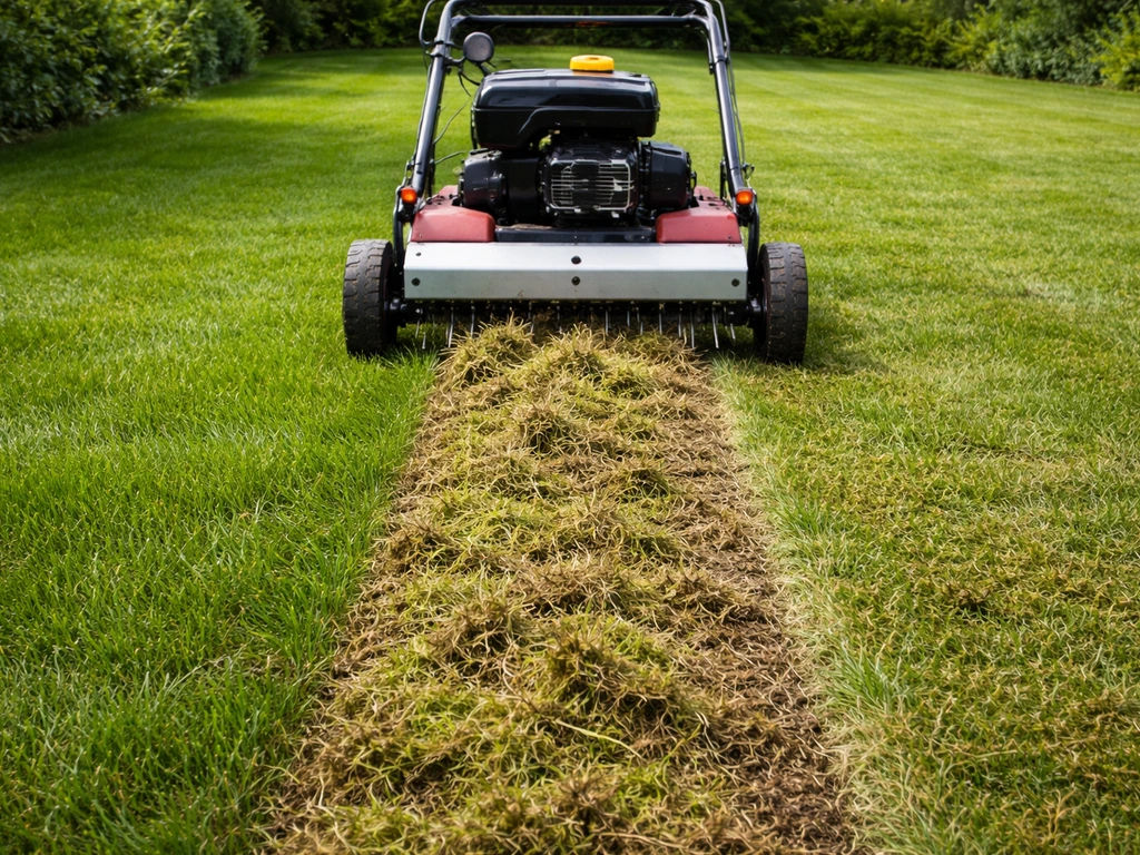 Verticuteermachine laat vilt los en maakt de grasmat luchtig, buiten op een gazon in daglicht.
