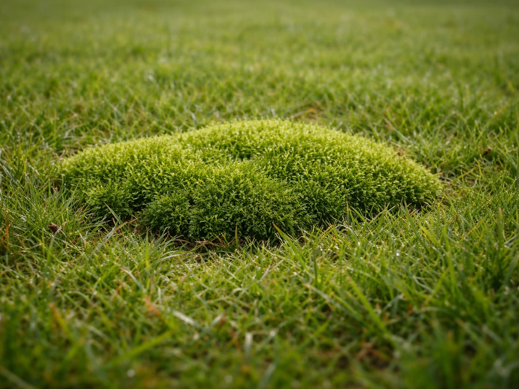 Moshaard in een verder nette grasmat met close-up van de bovenlaag, zichtbaar structuurverschil.