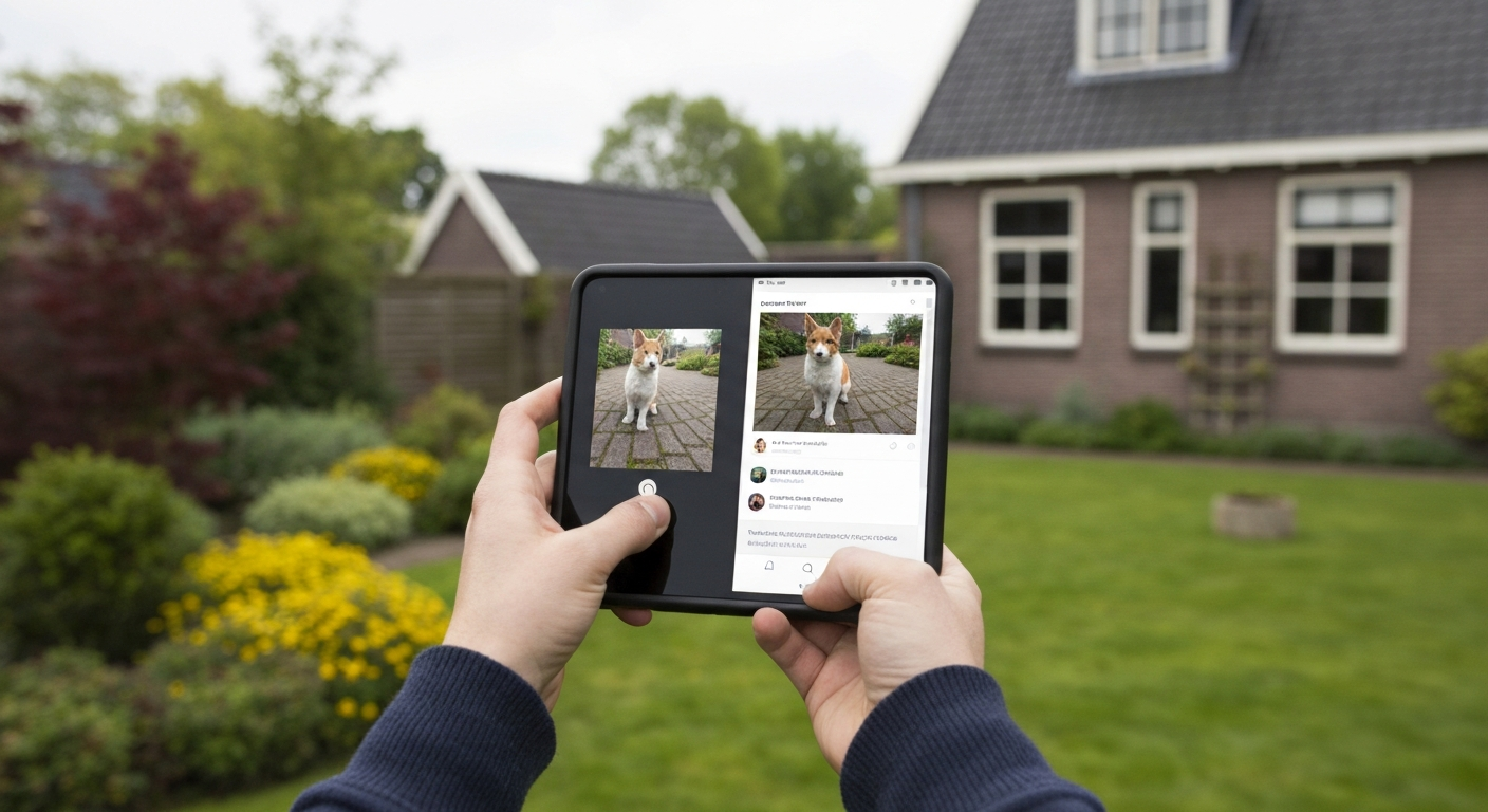 Persoon maakt met smartphone een foto van een gazon; op het scherm is een sociale-mediapagina met reacties zichtbaar.