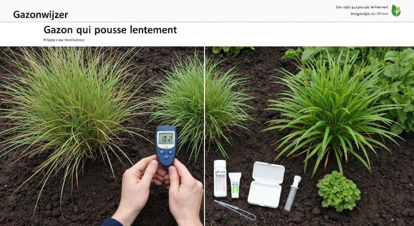 Handen meten bodemtemperatuur in een Nederlands gazon (5 cm diep), links dun gras, rechts gezond gazon; pH-testset en schroevendraaier zichtbaar.