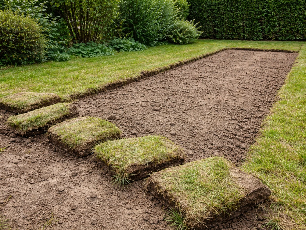 Nederlandse achtertuin met recent weggehaald plagsel en voorbereide grond voor nieuw ingezaaid gazon.