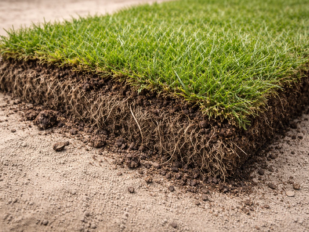 Close-up van plagsel: uitgeplagde gazonlaag met gras, wortels en donker organisch materiaal.