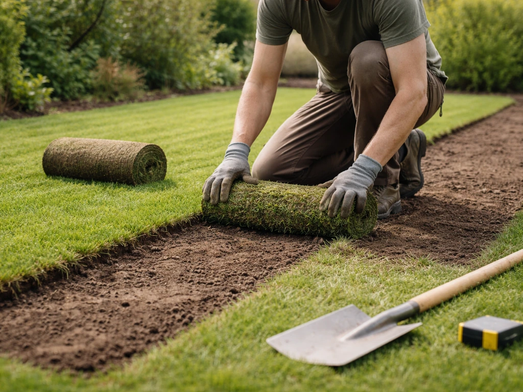 Voorbereide stroken in een tuin met zichtbare grasmat, tuinier bezig met graszoden in het vroege voorjaar.