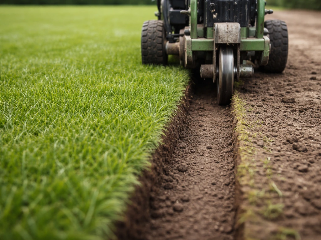 Graszodensnijder die een gelijkmatige strook uitplagt op een vochtig gazon, randen klaar om te verwijderen.