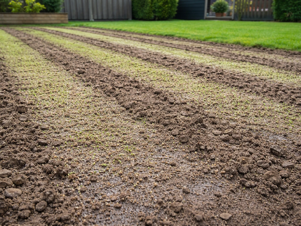 Kale grond na plaggen met vers gezaaide stroken nieuw gras en licht bevochtigde bodem voor watergift.