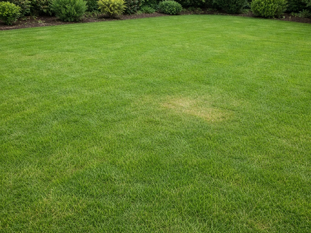 Dicht groen gazon in een tuin met een subtiele blekere, licht beschadigde plek.