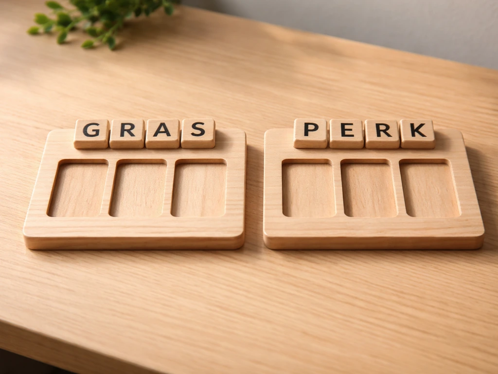Twee houten puzzelplankjes met letterblokjes naast elkaar: GRAS en PERK tegen een lichte achtergrond.