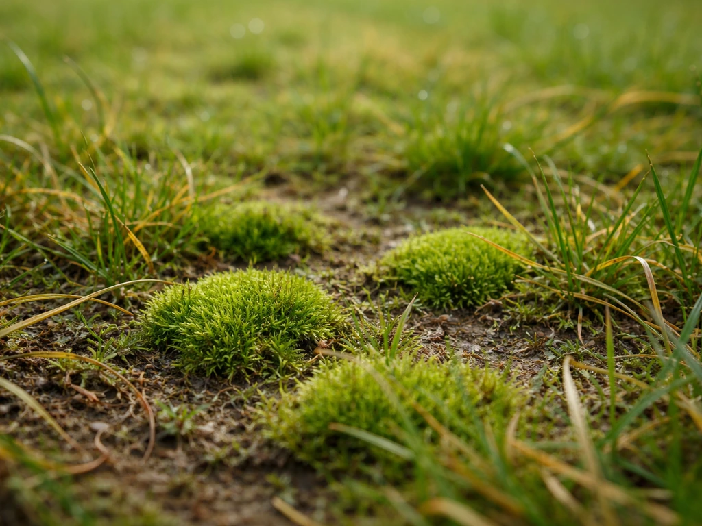 Groene mosplukjes tussen het gras op een gazon, met zichtbare bruine plekken in de achtergrond.